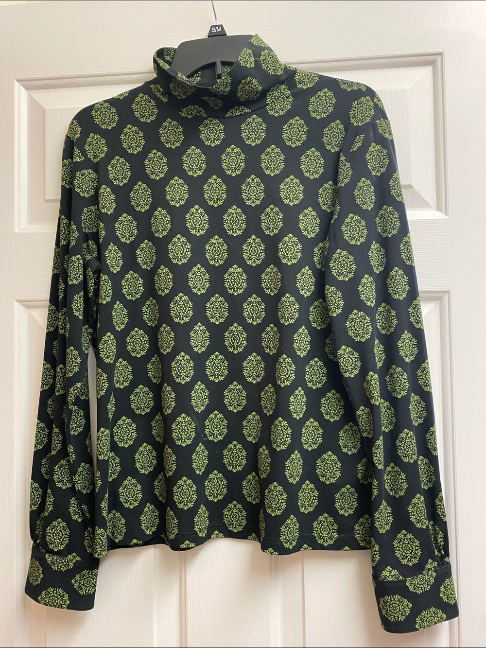 Talbots Black Turtleneck Top with Lime Green Medallion Print